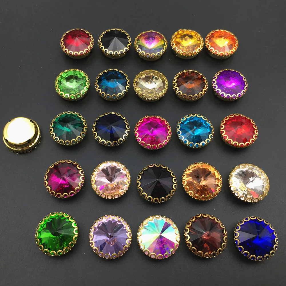 6mm 18mm 라운드 Rivoli 모양 Strass 라인 석에 바느질 골드베이스 레이스 클로 유리 크리스탈 라인 석 Diy 의류 액세서리