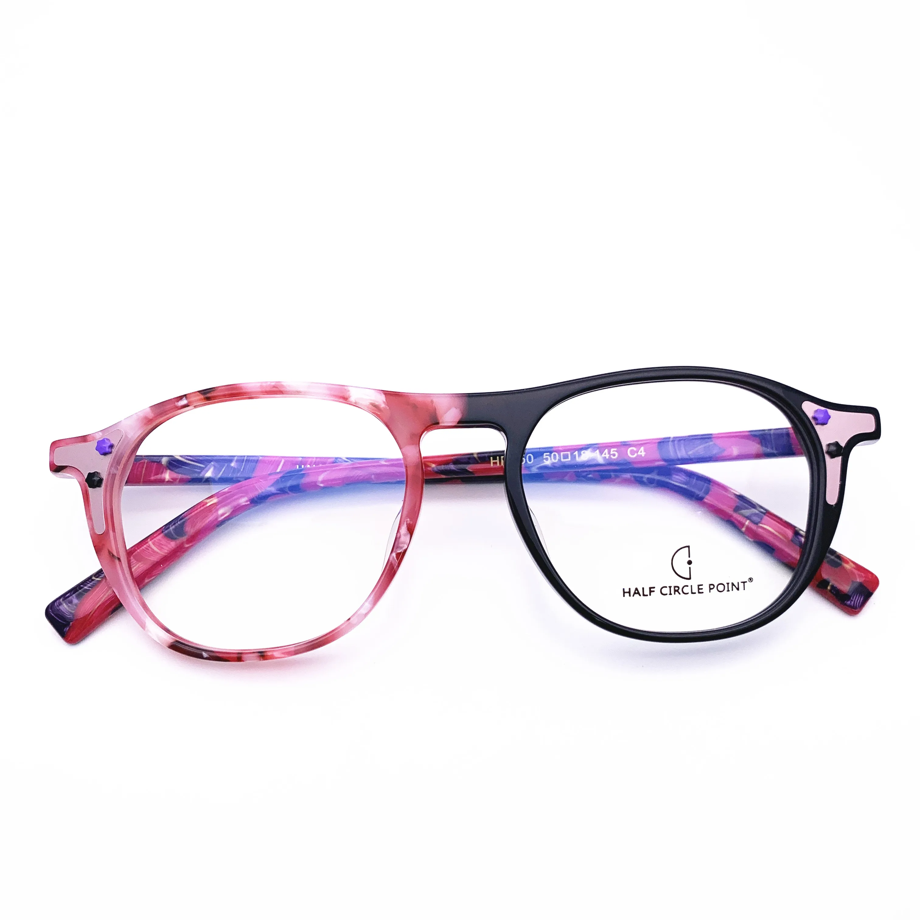 

Belight Optical Women Acetate Fancy Colorful Contrast Pink Color Star Rivet Design spectacle frame precription lens HP250