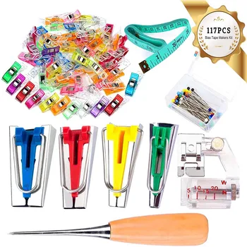 

LMDZ Bias Tape Tool Kit with Instruction, 4 Sizes Bias Tape Maker with 60 Pcs Sewing Clips, 50 Pcs Ball Point Pins, Awl