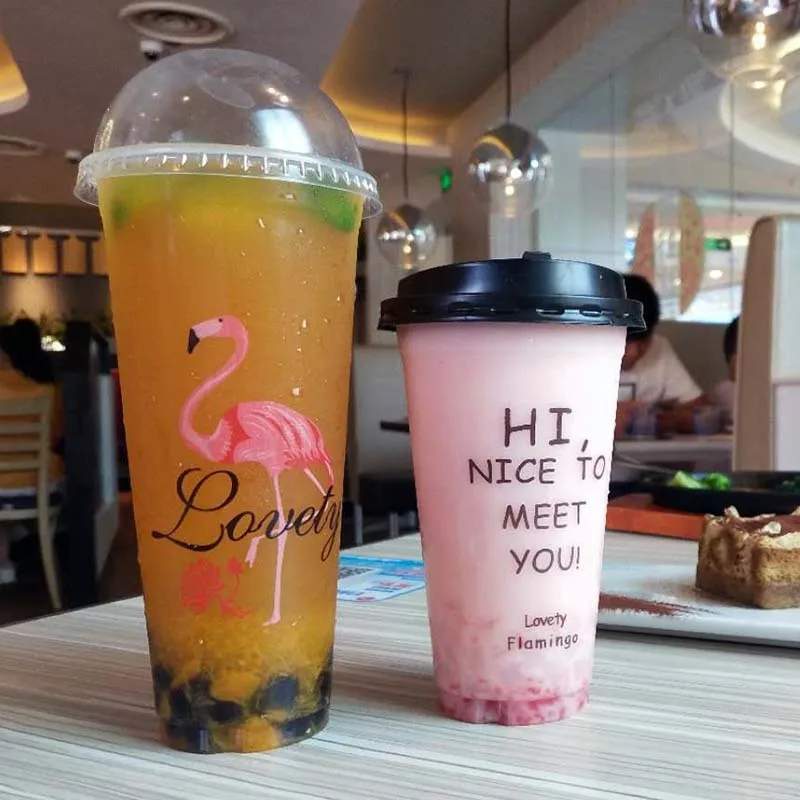 500pcs High quality flamingo cup 500ml transparent disposable coffee milk tea juice cold drink plastic cups with cover wholesale