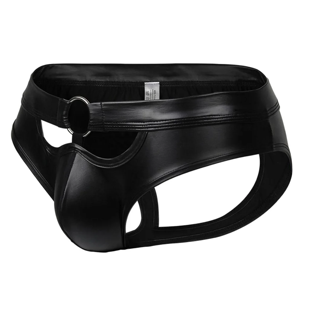 Sexy Men PU Leather Briefs Bulge Pouch Erotic Low Waist Open Butt Bikini Jockstrap Underpants Nightwear