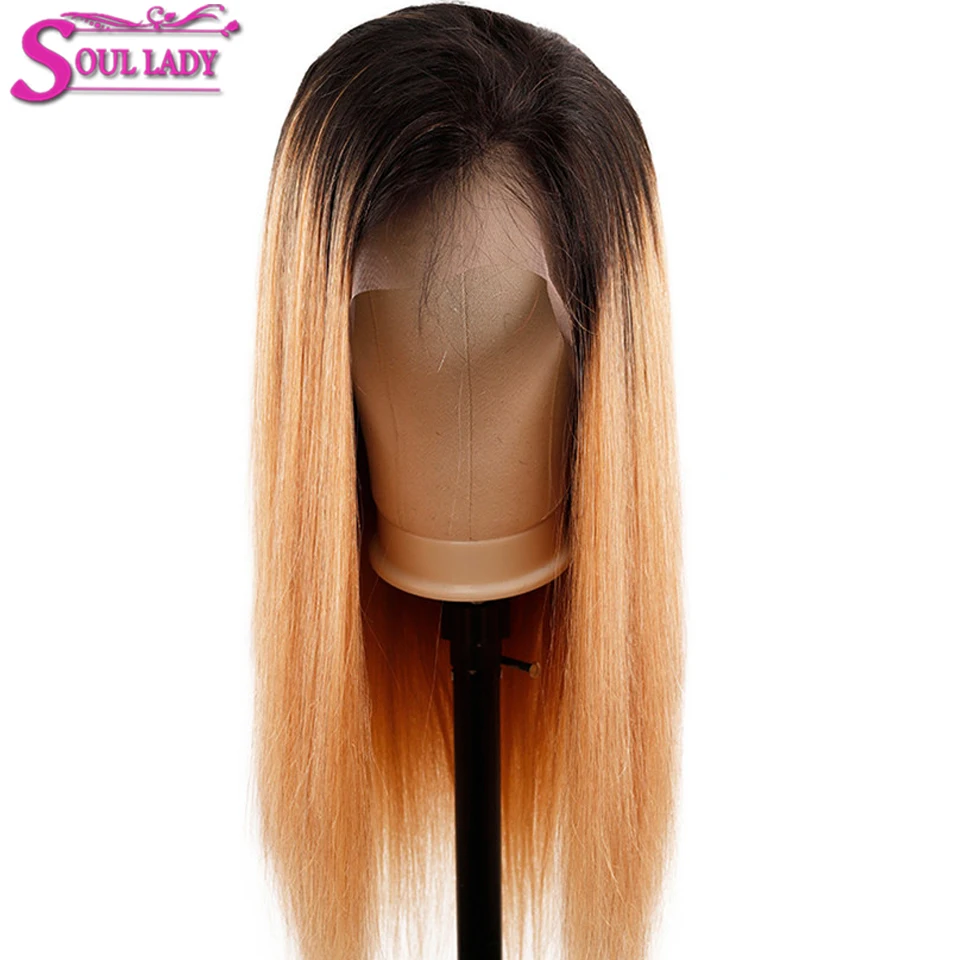 

Soul Lady Ombre Human hair Wigs For Black Women Remy Brazilian Straight Lace Front Colored Highlights Hair Wigs Bleached Knots