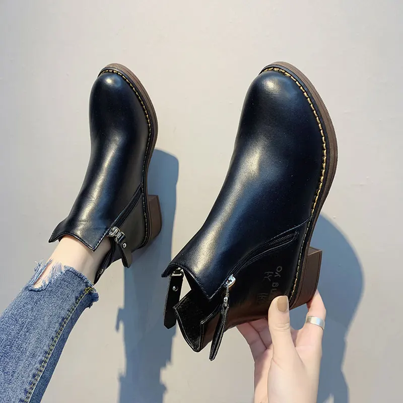 

Lace Up Boots Brand Women's Shoes Chunky Heel Round Toe Bootee Woman 2019 Low Heels booties Booties Ladies Fashion Winter Mid-Ca