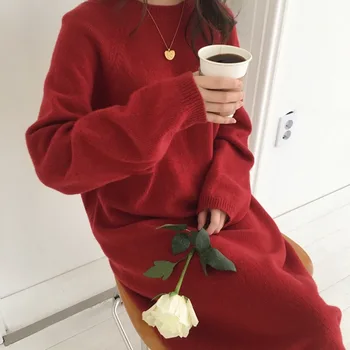 

Women's Sweater Long Dress 2019 Autumn and Winter New Solid Color Loose Round Neck Long Thick Knitted Sweater Dress