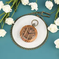 Винтажные бронзовые грубая цепочка в сдержанном стиле, твердый деревянный чехол, карманные часы для мужчин, большой коричневый циферблат
