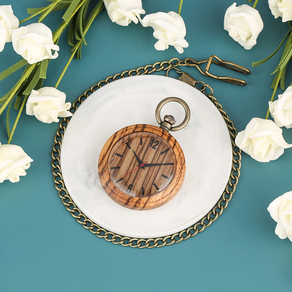 Vintage Bronze Rough Chain Concise Solid Wooden Case Pocket Watch for Men Large Brown Dial Clock 1