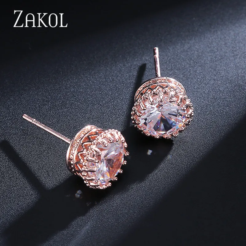 ZAKOL, модные ювелирные изделия, корона, женские классические блестящие циркониевые маленькие серьги-гвоздики, золотой цвет, шпильки для ушей для мужчин, серьги с кристаллами EP398