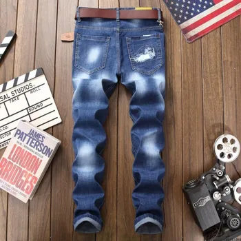 

Summer Elastic Frayed Mens Slim Fit Jeans Pants Skinny Straight Punk Style Print Patches Casual Big Size Mens Denim Trousers