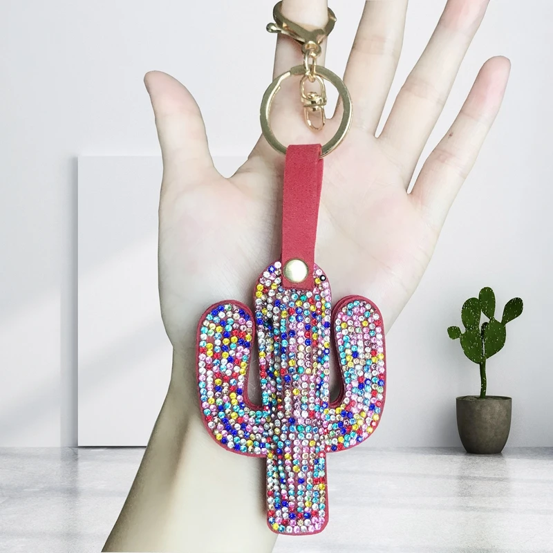 Cute Cactus Shiny Keychain Red Color Rhinestone Tassel Key Chain Keychains For Women Car Bag Accessories Pendant Simple Key Ring