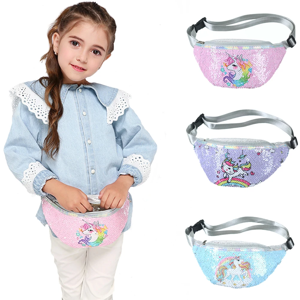 Promoción Riñonera rosa con estampado de lentejuelas para mujer y niña, bolso con cinturón de hombro para niño, bolsa para teléfono para niño, riñonera de unicornio de dibujos animados 6n95BdNLrKW