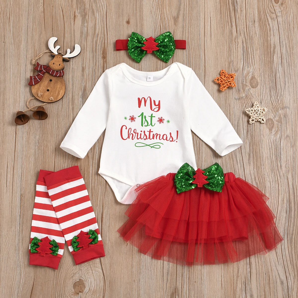 

Newborn Baby Girls My 1st Christmas Outfit Long Sleeve Romper+tutu Skirt+leg Warmers+headband Set Pudcoco Cotton Fashion Unisex