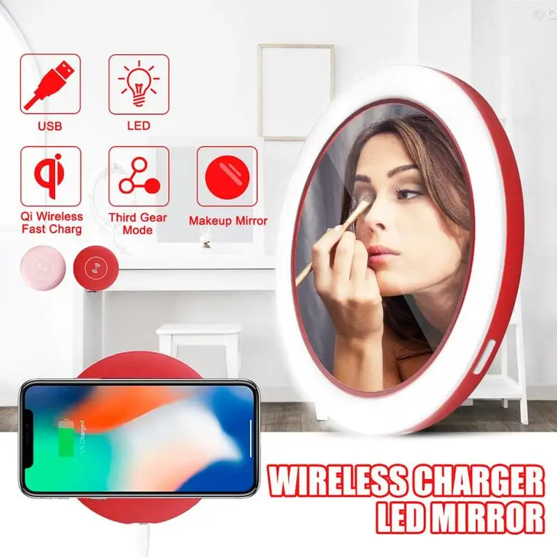 

Portable LED Lighted Mini Circular Makeup Mirror Compact Travel Sensing Lighting Cosmetic Mirror Wireless USB Charging