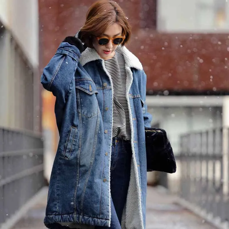 

Autumn Winter Jacket Women New 2019 Women Wool lining jean Coats With 4 Pockets Warm Parkas Coat Long Outwear Denim Jacket V916