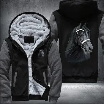 

Limited Black Horse Painting Mens Fleece Winter Hoodies Casual Sweatshirts Hooded Zipper Jackets Sportswear Thicken Warm Outwea