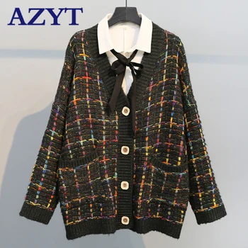 

AZYT Thicken Female Cardigan Sweater Oversized Knitted Cardigans 2020 Loose Plaid Jumpers Cardigan Long Coat sueter feminino