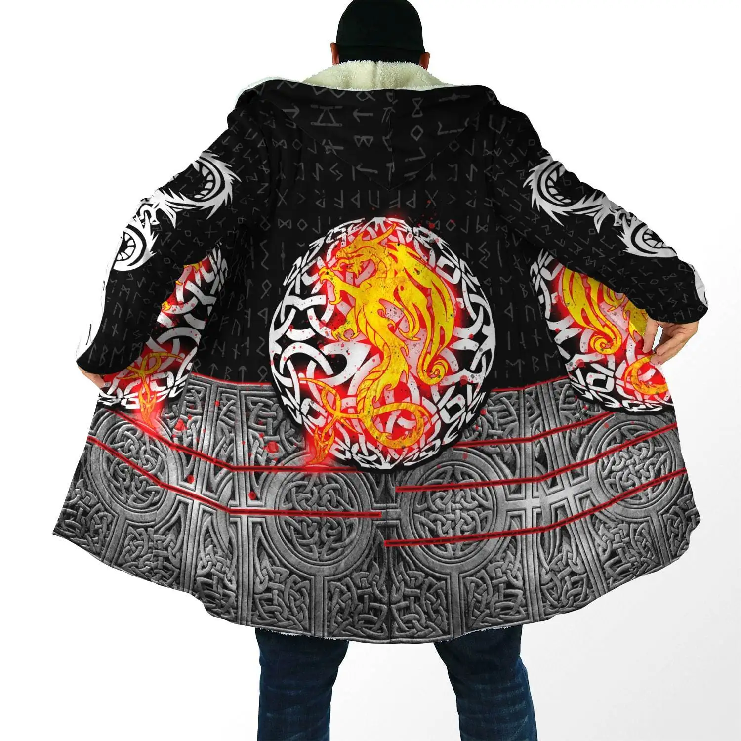 2021 winter Fashion Mens Hooded cloak Dragon Valknut Tattoo 3D Printing Fleece wind breaker Unisex Casual Warm  Hood cloak PF02 2021 winter mens cloak fire reaper skull tattoo 3d full printing fleece hooded coat unisex casual thick warm cape coat pf49