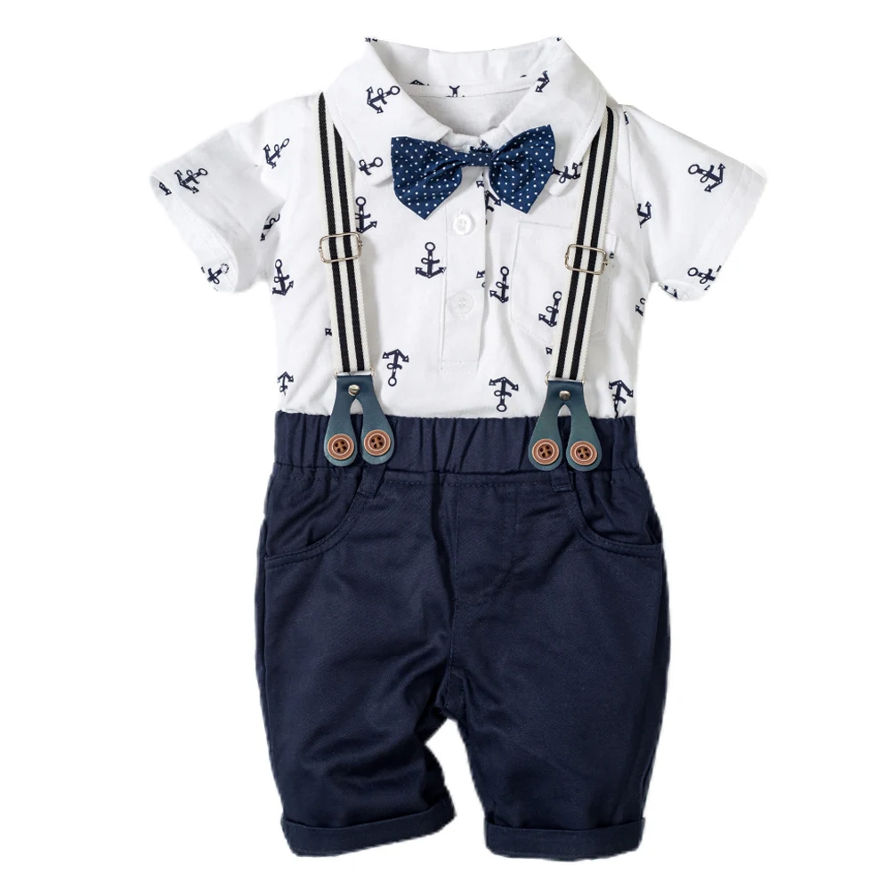 Baby Cotton Anchor Print Romper with Strap Shorts and Bow Tie