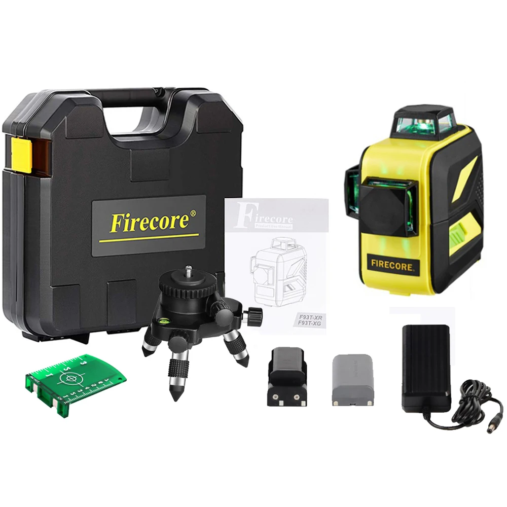 Firecore F93T-XG 3D 12lines green laser level 360 outdoor laser with fine-tuning tripod/magnet bracket plastic box packaging