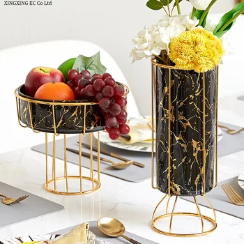 

Marble Ceramic Vase Home Decoration Accessories Countertop Vase Creative Fruit Tray Metal Shelf Modern Minimalist Art Decoration