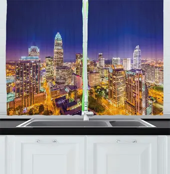 

Modern Kitchen Curtains Panoramic North Carolina Uptown Sky at Night Cityscape Colorful Town Picture Window Drapes for Kitchen