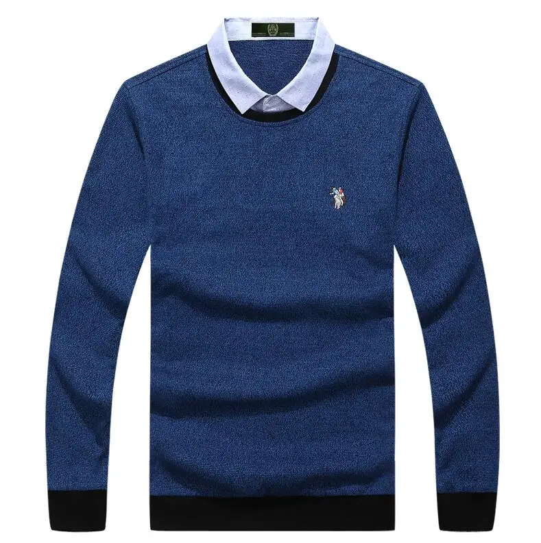 Denim Blue Мужские свитера для осени, мужские Модные свитера с высоким воротом с 3D вышивкой, хлопок, высококачественный теплый пуловер для мужчин - Цвет: Denim Blue