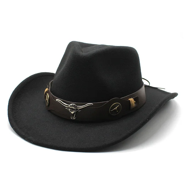 Wome Men Black Wool Chapeu Western Cowboy Hat Gentleman Jazz Sombrero Hombre Cap Dad Cowgirl Hats Size 56-58cm Black