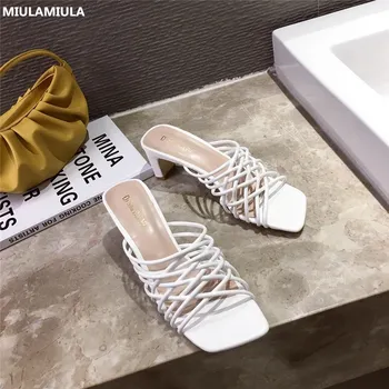 

MIULAMIULA Brand Designers 2020 Summer Luxury Sexy Narrow Band Hallow Square Toe High Heels Lady Pumps Mules Flip Flops Outside
