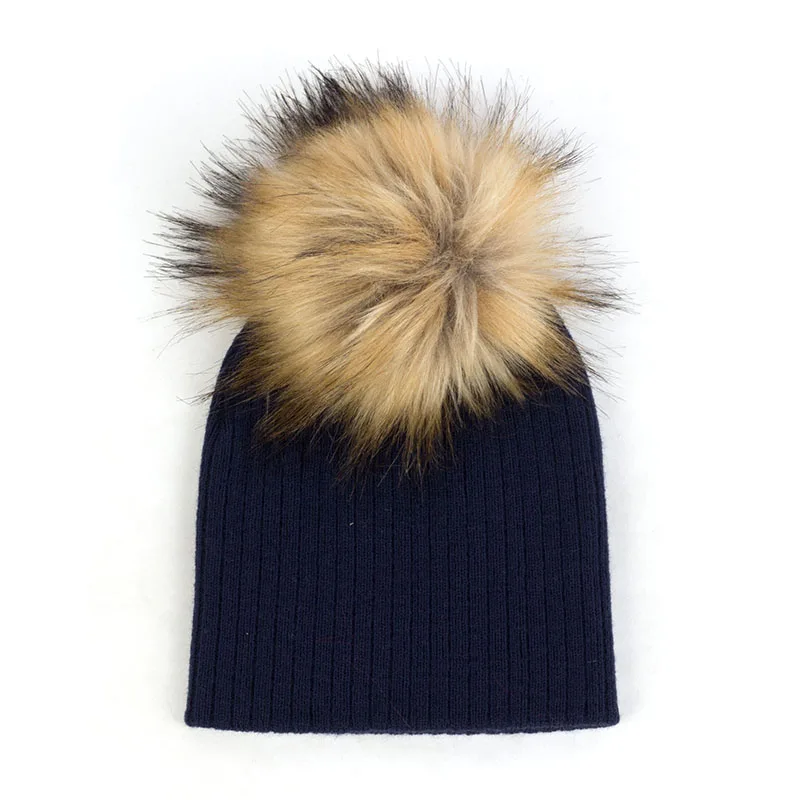 Geebro/Модная зимняя теплая вязаная шапка для маленьких девочек, утепленное трикотажное эластичное шапочка с помпонами, прочная чашка, эластичная DK942 - Цвет: Navy16