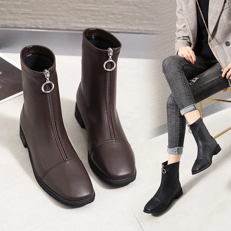 

Autumn And Winter Chunky-Heel Square Head Front Zipper Retro Short Boots Women's Versatile Classic Style Martin Boots Low Heel W