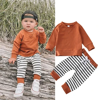 6-24 mesi Neonati maschi Neonata Infantil Vestiti Top in cotone solido T-shirt + Pantaloni a righe Leggings 2 pezzi Abiti Set