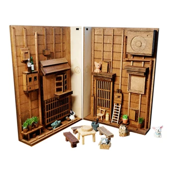 

Japanese Style Street Rear Lane Bookcase DIY Wooden Assembled Model Bookshelf with Light - S/M