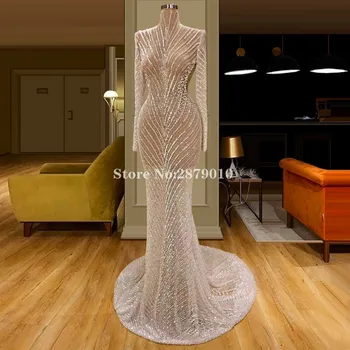 

High Neck Mermaid Evening Dress Floor-Length Prom Dress Long Sleeves Robe De Soiree Aibye Middle East Vestido de festa Dubai