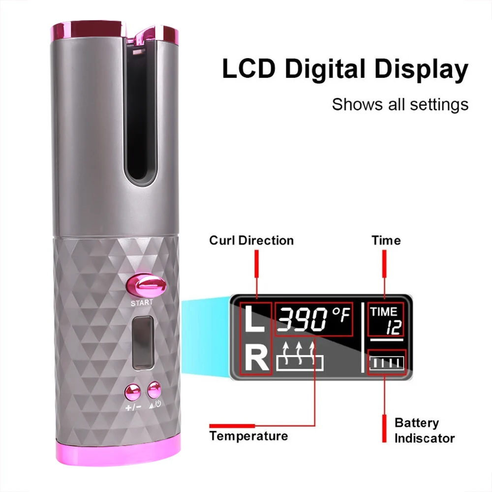 Portable Wireless Automatic Curling Iron Hair Curler USB Rechargeable LCD Display Curly Machine Fast Heating Curling Tool