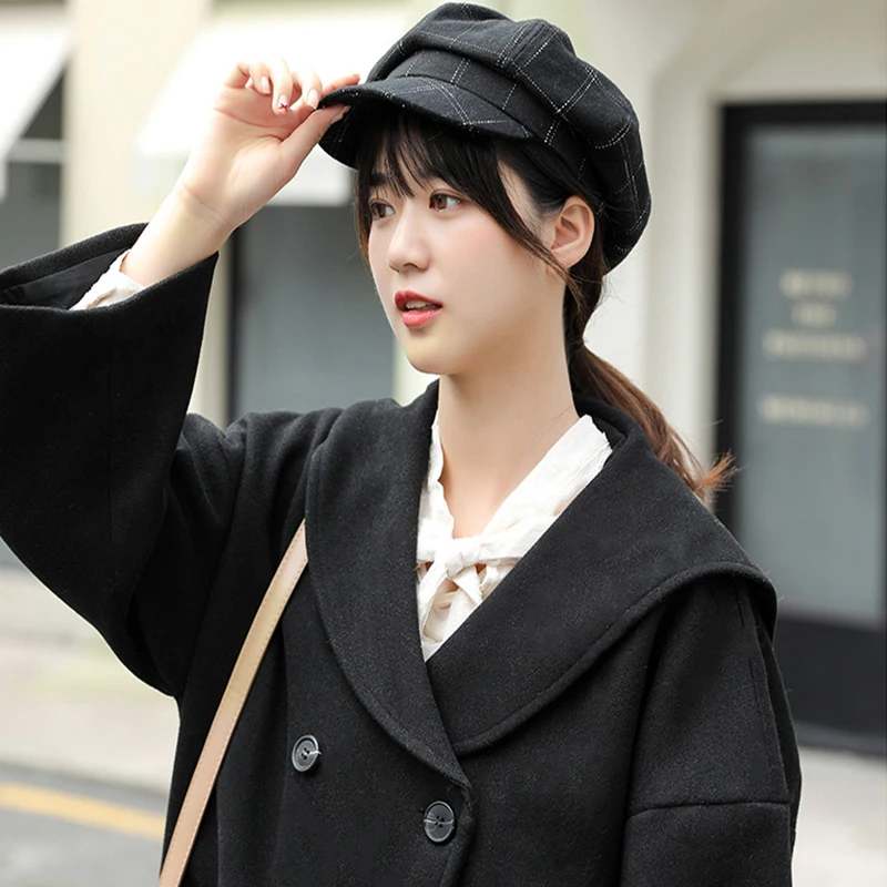 

Hat women's autumn and winter octagonal cap British retro beret winter warm navy cap woolen plaid newspaper cap