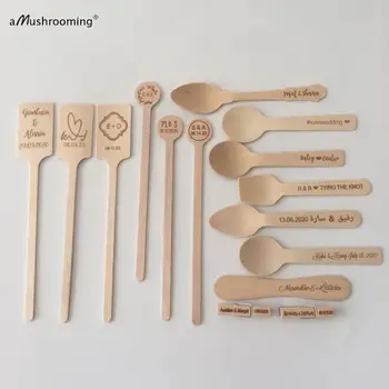 

wedding engagement cocktail party stir sticks desserts mini spoons popsicle sticks banner clips with name date initials engraved