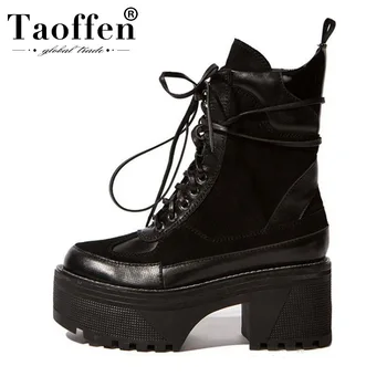 

TAOFFEN Sexy Lady Thick Bottom Real Leather Mid Calf Boots Zipper Platform Motorcycle Boots Winter Boots Footwear Size 34-40