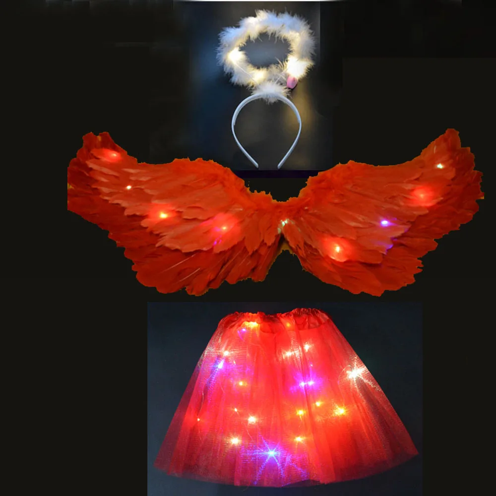 Светодиодный светильник для девочек; юбка-пачка принцессы с крыльями ангела; карнавальный Свадебный костюм; Светящиеся вечерние принадлежности для мероприятий - Цвет: red set