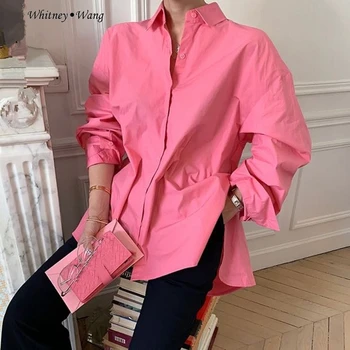 

WHITNEY WANG Blouses 2020 Spring Fashion Streetwear Korean Style Solid Color Oversize Blouse Women Blusas Lady Shirt Top