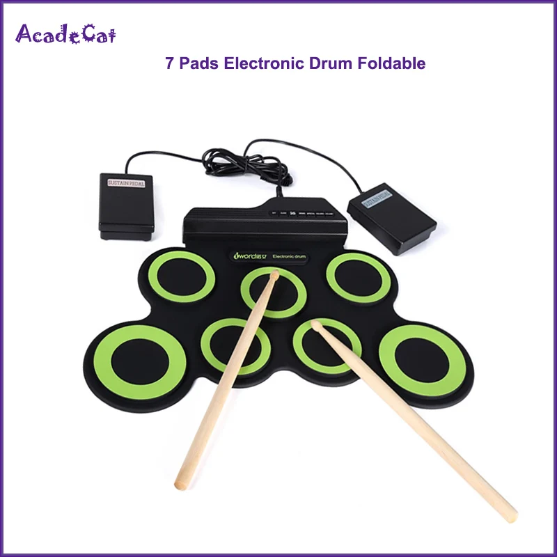 Свернутый 7 подушечек цифровой электронный барабан силиконовый портативный складной барабан с палочками и поддерживающей педалью - Цвет: Зеленый