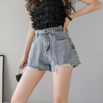 

Women High Waist Denim Shorts Ripped Hole Zipper Jeans Shorts Womens Summer Loose Shorts Jeans Woman Casual Short