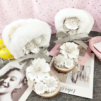 

Handmade leather rhinestone flower rabbit fur snow boots anti-skid mid-tube autumn and winter cotton shoes women boots