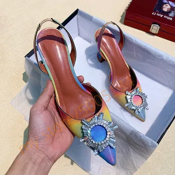 

NEW Sandals Women CRYSTAL Sun flower Thin High Heels Sandals Vintage Pointed end Elegant Back Strap Ladies Shoes Size 42