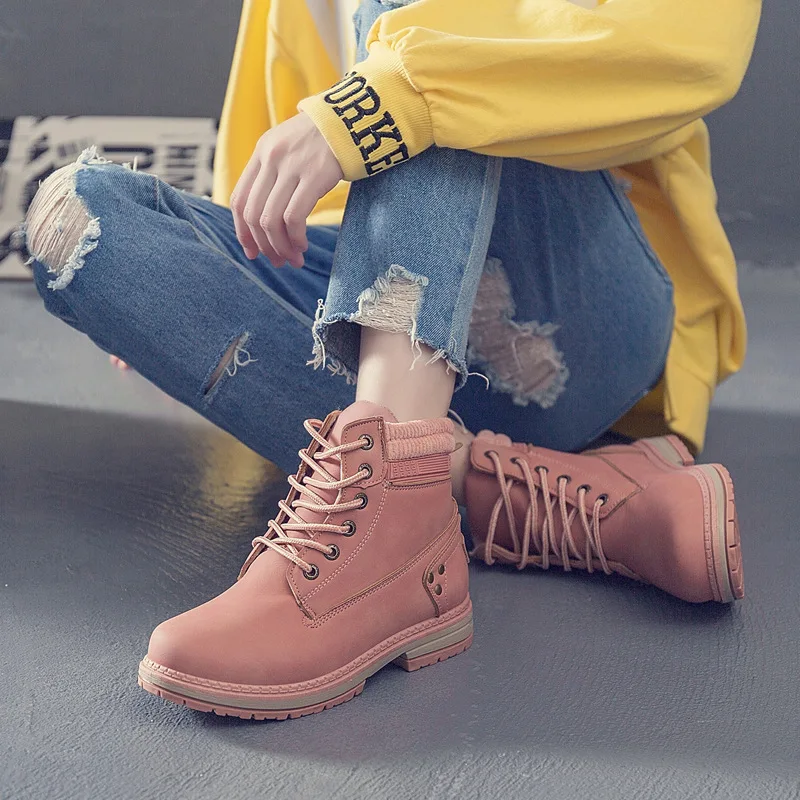 Ботинки осень-зима г. Модные женские ботинки водонепроницаемые кожаные ботинки женские тонкие ботинки на квадратном каблуке Нескользящая женская обувь - Цвет: Pink Inner Pu