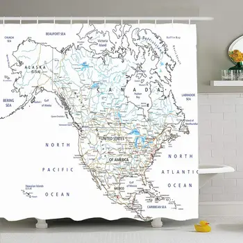 

Shower Curtain Set with Hooks 72x78 Elevation Mexico High Detailed USA Canada North Atlantic Road Map Transportation Contour