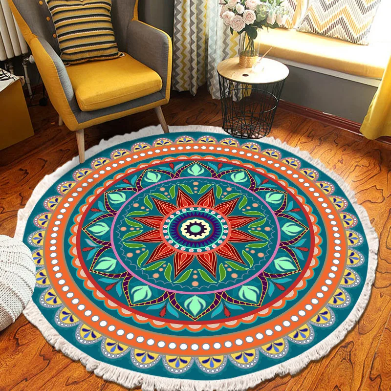 ​Home Decor Retro Bohemian Round Carpet Hand Woven Cotton Linen Carpet Rug Bedside Rug Geometric Floor Mat Living Room Carpet