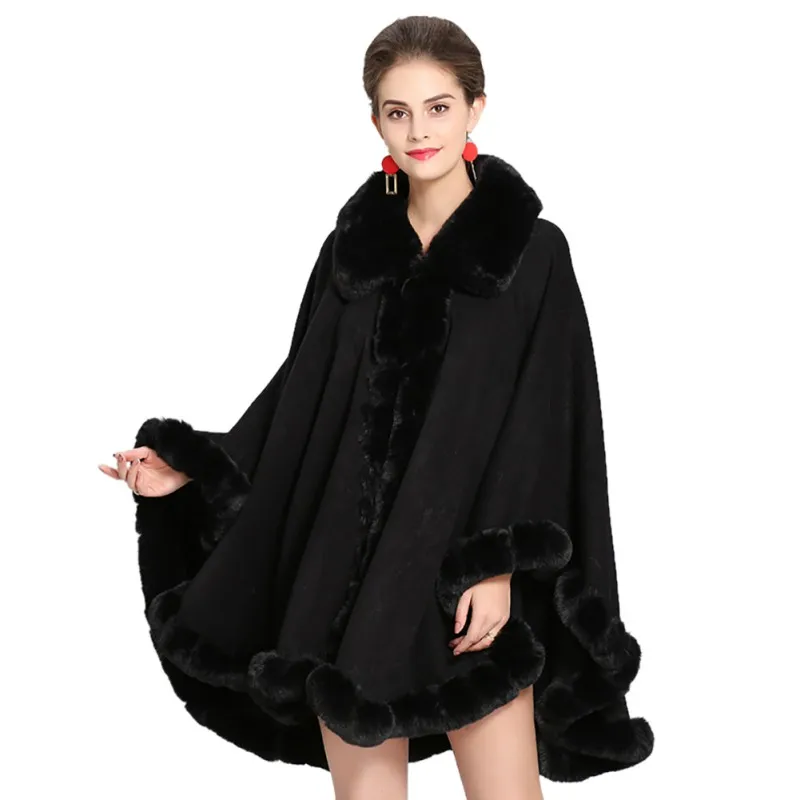 Модная женская меховая накидка, пальто, куртка, искусственная меховая накидка шлейф пончо, зимнее пальто с меховым воротником и рукавами «летучая мышь»