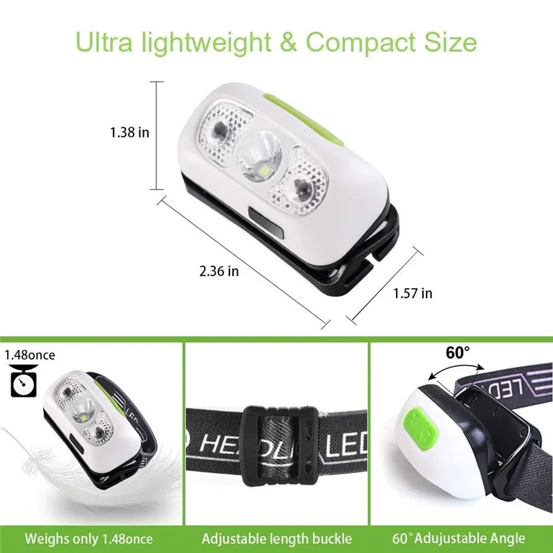 500 루멘 USB 충전식 헤드램프 모션 센서, 밝은 LED 러닝 낚시 헤드램프, 방수 헤드라이트, 적외선 센서 포함