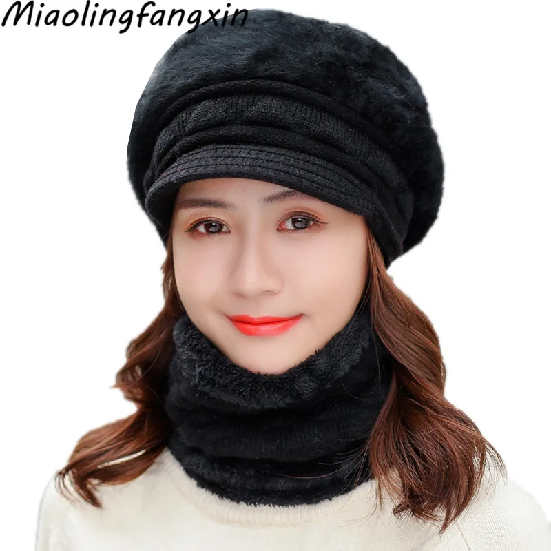 windproof lady hat winter plush velvet thick scarf cap mother warm beanies outdoor faux rabbit fur hat and collar scarf two set