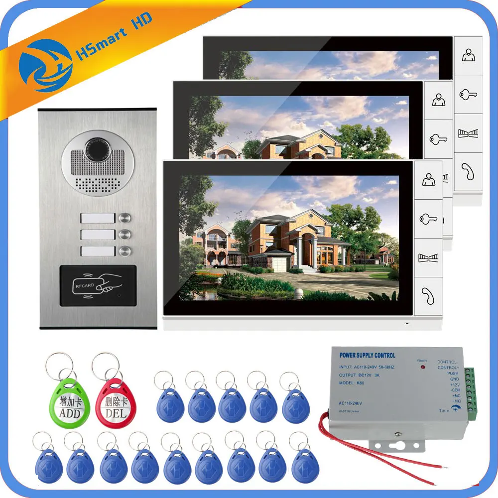 9 inch Home Video Interphone Doorphone Bell Kits Home Families Door Inductive Card Camera with 3 Monitor Intercom Systems