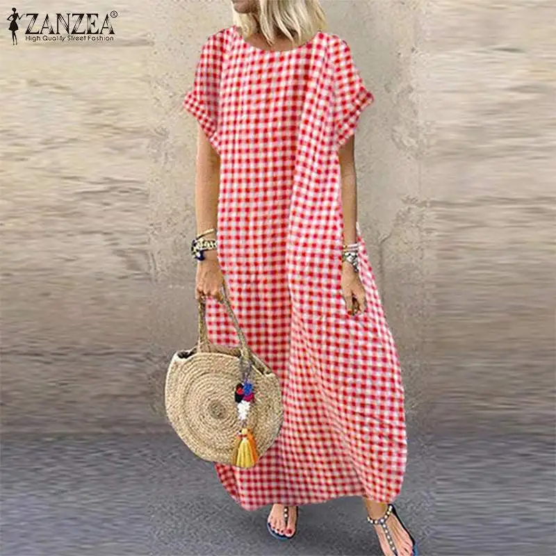 

ZANZEA 2019 Vintage Check Dress Women's Summer Sundress Casual Short Sleeve Maxi Vestidos Female O Neck Plaid Party Robe Femme